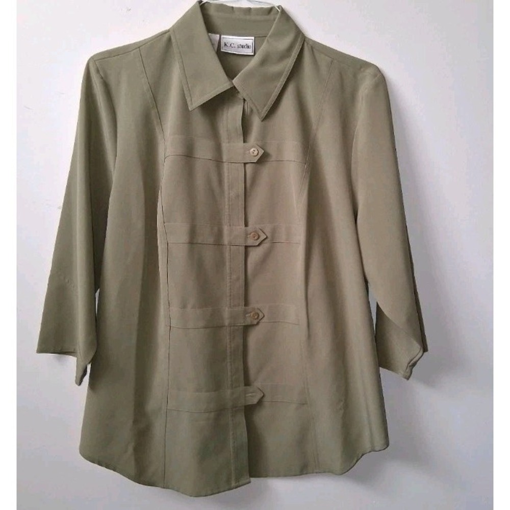 KC Studios Women's Sage Green Button-Up Blouse with 3/4 Sleeves Size 16